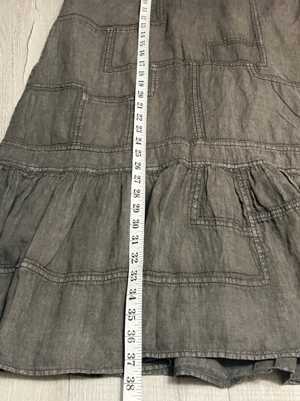 Fei 100% Linen Patchwork Maxi Skirt Olive Green Tiered Boho Long Skirt Size 4 - Picture 6 of 7